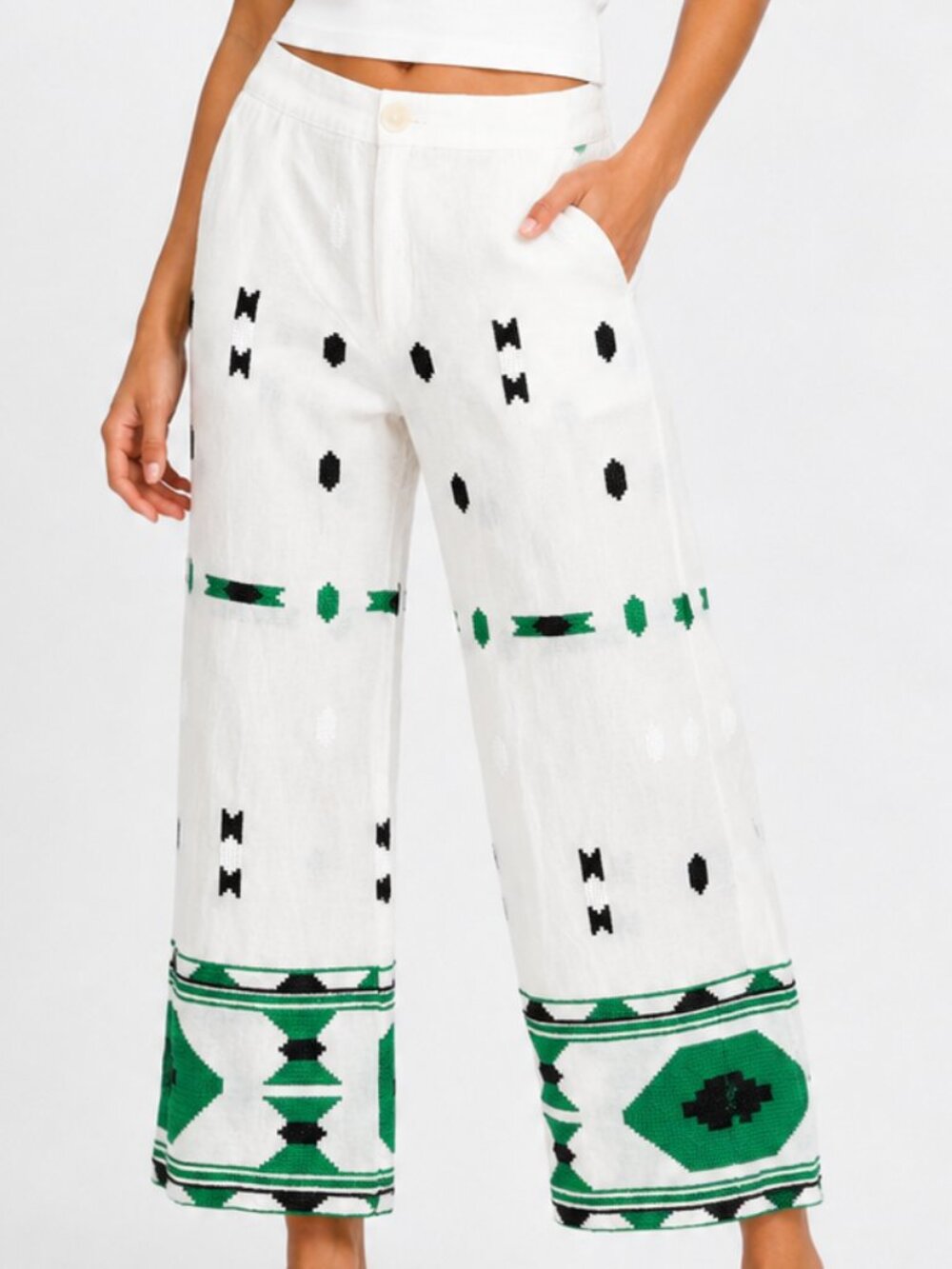ZARA Embroidered Linen Cropped Pants Ivory Small